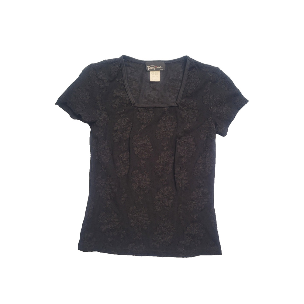 Vintage Y2k Mesh Embroidered Square Neck Top Size S Black Goth Whimsigoth Grunge